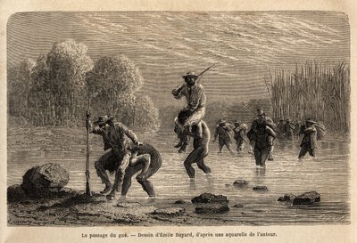 De doorgang van de gue, de Siriniris-indianen, stellen spontaan voor om de leden van de expeditie op hun schouders te dragen, om hen over de vijvers te laten oversteken die zich aan de voet van de berg Basiri (Peru) hebben gevormd. Gravure ter illustratie  door Unknown artist