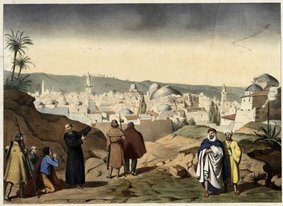 De pelgrims arriveren in de stad Jeruzalem. Anonieme gravure uit het midden van de 19e eeuw - in “Groot Catechismus van Families”. door Unknown artist