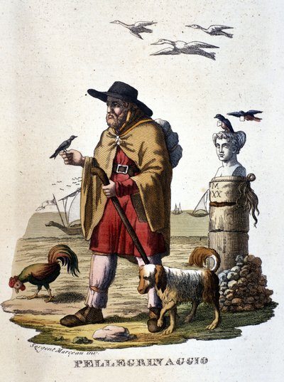 De pelgrimstocht: een pelgrim op weg naar Santiago de Compostela door Unknown artist