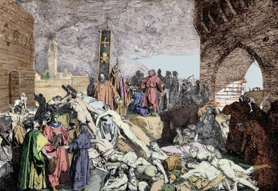 De pest van 1348 in Florence (Italië). Linksonder, met een laurierkrans, Petrarca, Italiaanse dichter en humanist van de renaissance, in gesprek met andere mensen door Unknown artist