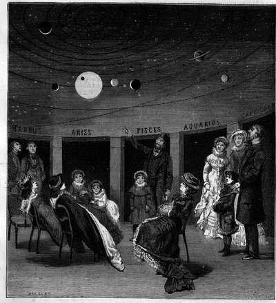 De planetarium van N. Perini, Italiaanse astronoom. Gravure in "La Nature: revue des sciences et de leurs applications aux arts et a l