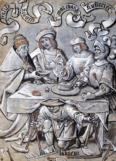 De paus, de adel, de kooplieden en het leger samenzwerend op de rug van het volk (een boer) - Antipapistische cartoon door Unknown artist