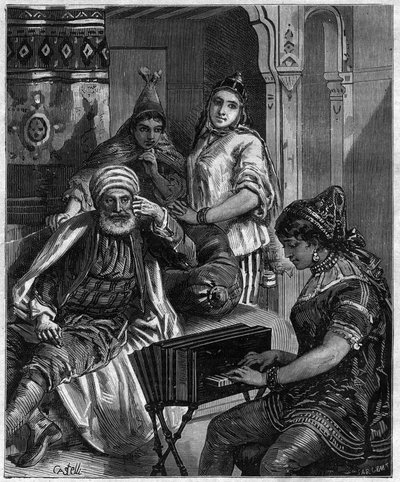 De bevolking van Tunesië in de 19e eeuw - Zaterdagavond in een Joodse familie in Tunis - gravure door Castelli in 