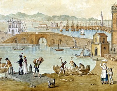 De haven van Napels en Santa Lucia rond 1800: reizigers maken zich klaar om te vertrekken en timmerlieden bouwen een boot. Aquarel door Unknown artist