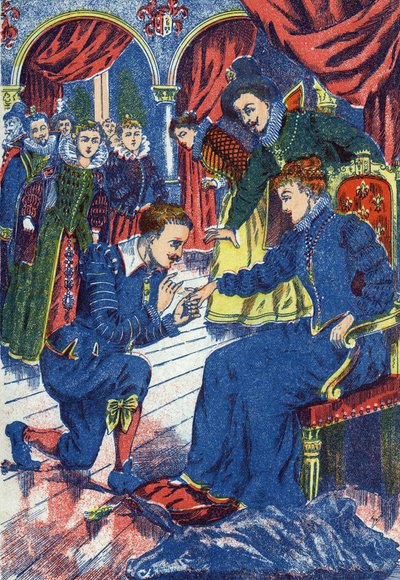 De prins probeert de ezelsring. Anonieme illustratie voor "Ezelsvel" sprookje door Charles Perrault (1628-1703), Franse schrijver. Beeld Marcel Vagne, Jarville Nancy, ongedateerd (eind 19e eeuw). door Unknown artist