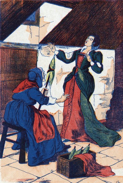 De prinses prikt haar hand en valt in slaap. Anonieme illustratie voor 