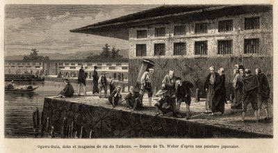 De kade en pakhuizen van rijstwinkels in Taikoun (tijdelijke soeverein van Japan), aan de Ogawa-rivier (die Edo, het huidige Tokio, doorkruist). Gravure ter illustratie van de reis naar Japan, door Aime Humbert, minister van de Zwitserse Confederatie, in 1 door Unknown artist