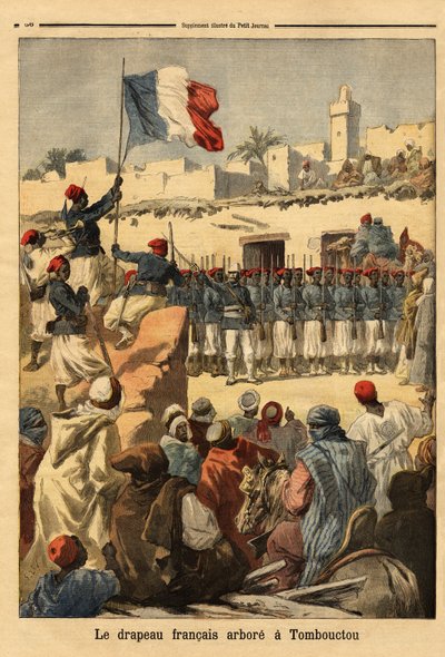 Het hijsen van de Franse vlag in Timboektoe door luitenant-kolonel Francois Xavier Bonnier door Unknown artist