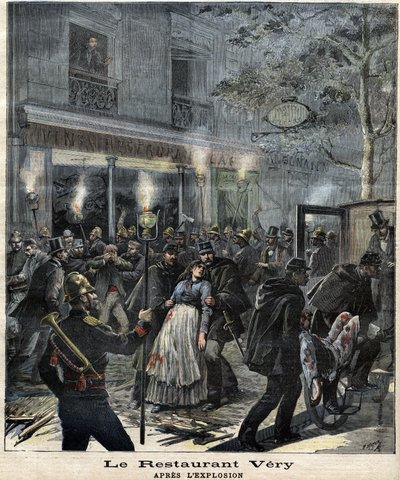 Het restaurant Very (24 Boulevard Magenta in Parijs) na de explosie veroorzaakt door de aanslag van de anarchist Francois Koenigstein alias Ravachol (1859 - 1892) op 30 maart 1892. In "Le Petit Journal" door Unknown artist