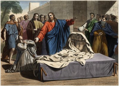 De opstanding van de zoon van de weduwe van Naim: Jezus Christus wekt de enige zoon van de weduwe op. Gravure uit het midden van de 19e eeuw. door Unknown artist