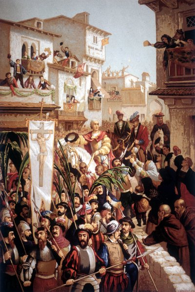 De terugkeer van Christoffel Columbus (1451-1506), navigator van Italiaanse afkomst, naar Spanje in 1493 door Unknown artist