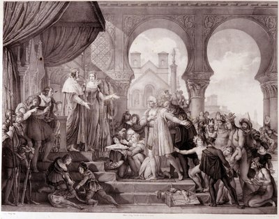 De terugkeer van Christoffel Columbus naar Spanje voor koning Ferdinand II van Aragon en Isabella I van Castilië (de Katholieke) na de ontdekking van Amerika. Gravure uit de 19e eeuw door Unknown artist