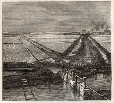 Het zoutmoeras van Giraud in de Camargue (Bouches-du-Rhône), gezien vanaf het dienstkanaal - gravure in 