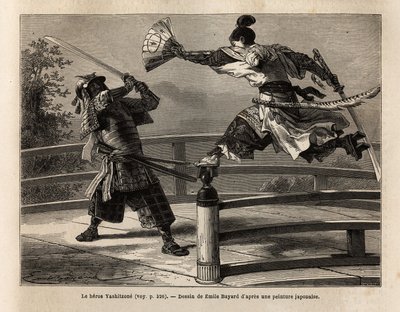 De samoerai Yashitsune in balans op de barrière van een brug, valt een samoerai in harnas aan. Gravure ter illustratie van de reis naar Japan, in 1863-1864, door Aime Humbert, minister van de Zwitserse Confederatie, in 