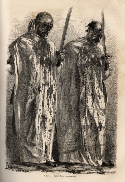 De littekens, moslims in processie tijdens het herdenkingsfeest van het martelaarschap van Hossein, slaan hun hoofd met een zwaard, elk van hen bedekt met een wit laken, om het bloed dat uit hun wonden stroomt op te vangen. Gravure ter illustratie van de r door Unknown artist