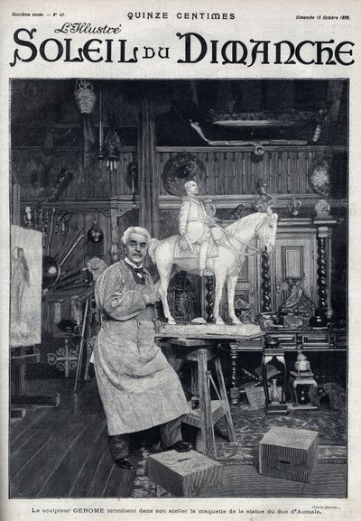 De beeldhouwer Jean Léon (Jean-Léon) Gérôme (1824-1904) voltooit in zijn atelier het model van het standbeeld van de hertog van Aumale - Gravure in 