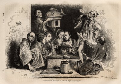 De dienst van sake, wat het meest ceremonieel is bij banketten, sake wordt gebracht in grote gelakte potten of bronzen kannen, geplaatst op een bamboestok, verwarmd in een bad in porseleinen flessen; de sneden van materialen en verschillende maten zijn rij door Unknown artist