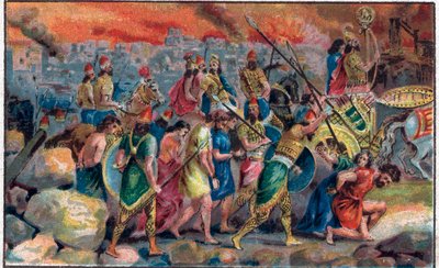 Het beleg van de stad Jeruzalem door koning Nebukadnezar II van Babylon in 586 v.Chr. en de vernietiging van de stad en de tempel van Jeruzalem. Chromolithografie uit de late 19e eeuw. door Unknown artist