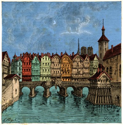 De kleine brug die later de Pont au Change in Parijs werd in de Middeleeuwen, gravure 19e eeuw door Unknown artist