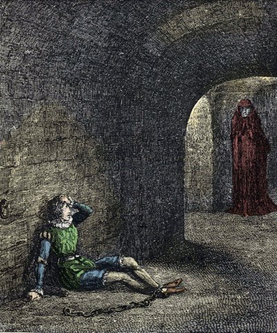 De geest van de toren De gevangene in een kerker ziet een geest voor zich. Illustratie voor 