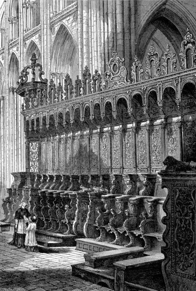 De stallen van de kathedraal van Bayeux - gravure door Unknown artist
