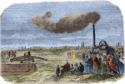 De stoomafvoer uitgevonden door Albert Fry en John Fowler tijdens een mechanische drainageoperatie nabij Versailles. Gravure uit 1856 in 