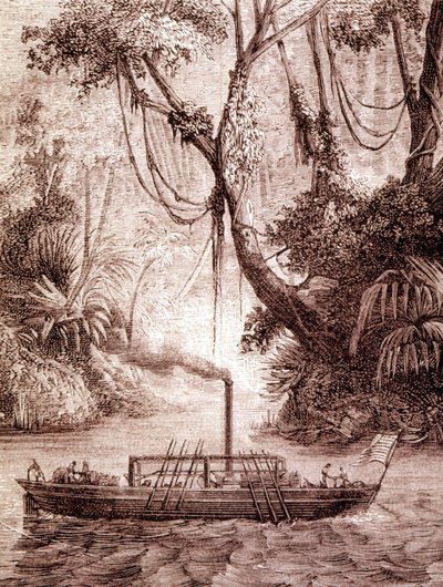 De stoomboot van John Fitch, Amerikaanse uitvinder, op de Delaware River rond 1791 door Unknown artist