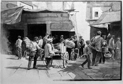 De straatverkopers en de wandeling van de wijk Vuccirla in Palermo, Sicilië. Gravure uit de 19e eeuw door Unknown artist