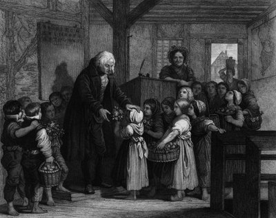 De leerlingen van een klas komen samen om bloemen te geven aan hun schoolmeester op zijn verjaardag. Gravure uit de 19e eeuw door Unknown artist