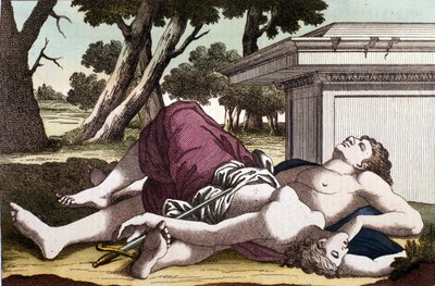 De zelfmoord van Pyramus (Pirame) onder de moerbeiboom en de dood van Thisbe. Overtuigd dat de leeuwin Thisbe had verslonden, pleegde Pyramus zelfmoord en bedekte de witte moerbeien met zijn bloed. Thisbe, die zich verstopte om aan de leeuw te ontsnappen,  door Unknown artist