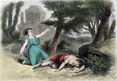 De zelfmoord van Pyramus (Pirame) onder de moerbeiboom en de dood van Thisbe. Overtuigd dat de leeuwin Thisbe had verslonden, pleegde Pyramus zelfmoord en bedekte de witte moerbeien met zijn bloed. Thisbe, die zich verstopte om aan de leeuw te ontsnappen,  door Unknown artist