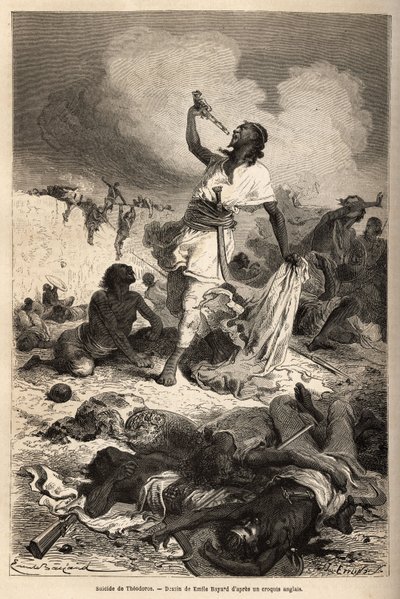 De zelfmoord van de keizer (negus) van Ethiopië Theodoros II (Tewodros) (circa 1818-1868), op 13 april door Unknown artist