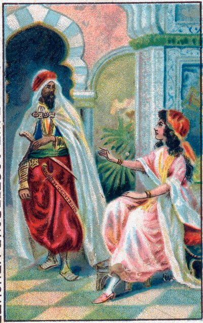 De sultan en de prinses. Verhaal “Histoire du cheval enchanté” in “Les mille et une nuits” (de 1001 nachten of Le mille e una notte, Arabische Nachten). Chromolithografie van de late 19e eeuw door Unknown artist