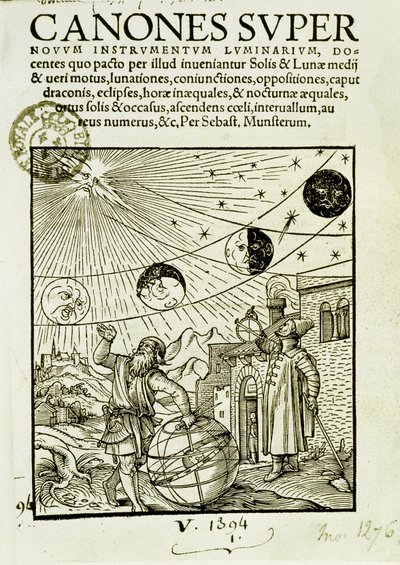 De bewegingen van zon en maan waargenomen door astronomen - frontispice van het boek Super Canones door Unknown artist