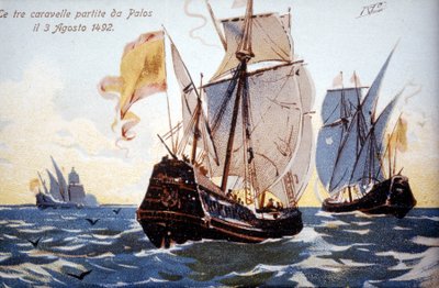 De drie karvelen van Columbus vertrekken uit Palos op 3/08/1492 door Unknown artist