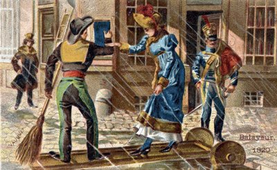 Het beroep van veegster in 1820: een veegster helpt een jonge vrouw een plas oversteken. door Unknown artist