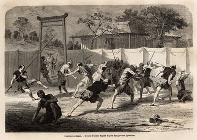 De training van Japanse krijgers in zwaard- en speergevechten, in een soort arena omgeven door gespannen canvas. Gravure ter illustratie van de reis naar Japan, in 1863-1864, door Aimé Humbert, minister van de Zwitserse Confederatie, in 