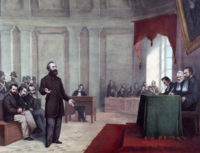 Het proces van Felice Orsini die de aanslag op Napoleon III pleegde op 14 januari 1858. Lithografie uit het einde van de 19e eeuw. Milaan, privécollectie door Unknown artist