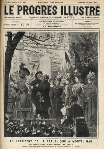 De reis van de president van de republiek naar Montelimar (Drome, Frankrijk): Emile Loubet (1838-1929) en zijn moeder. Gravure in 