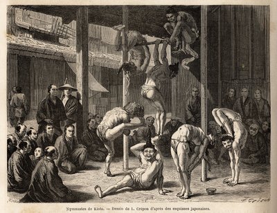 De troep van de Saltimbanks de gymnasten van Tokio, ze treden op onder een grote schuur of zijn voorzien van bamboematten, allemaal ervaren met deze fysieke oefeningen maar ook met de praktijk van komedie. Gravure ter illustratie van de reis naar Japan door Unknown artist