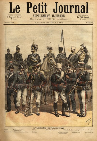 De uniformen van het Italiaanse leger, een paard van links naar rechts: de artillerie, de cavalerieofficier, de generaal, de kolonel van de carabinieri, de officier van de gidsen, het 10e regiment van speren, de honderdste. Staand van links naar rechts: de door Unknown artist
