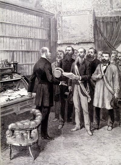 Het bezoek van de arbeidersafgevaardigden aan het Palais Bourbon (Jules Guesde, Mr Ferroul, Mr Baudin en Mr Thivrier) aan de secretaris-generaal van het voorzitterschap: Mr Martin, tijdens de demonstratie op 1 mei door Unknown artist