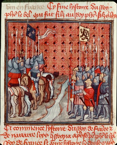 De wapens van Filips IV de Schone (1268-1314) aan de oever van een rivier ontmoeten een vijandelijk miniatuurleger uit 