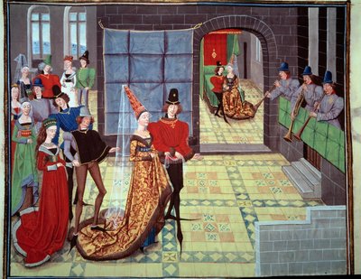 Het huwelijk van Renaud en Clarisse, op de achtergrond de huwelijksnacht. Miniatuur uit het manuscript Renaud de Montauban of Les quatre fils Aymon door Loyset Liedet (actief tussen 1448 en 1478) door Unknown artist