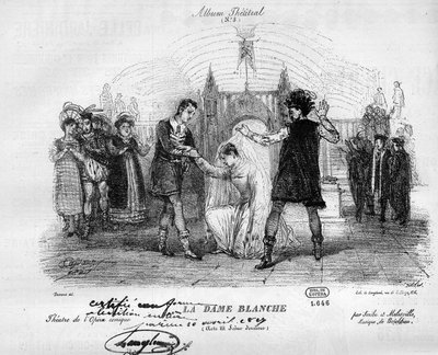 De witte dame in de originele kostuums van 1825. Opera in drie bedrijven door Francois Adrien Boieldieu (1775-1834). Gravure in 