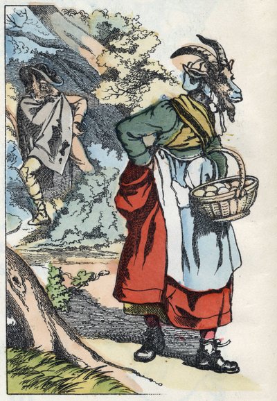 De wolf zoekt de geit die zijn huis verlaat. Illustratie van het sprookje 
