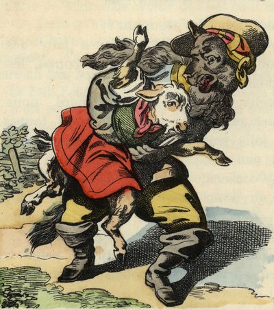 De wolf rent weg met het kleine geitje (illustratie van het sprookje 