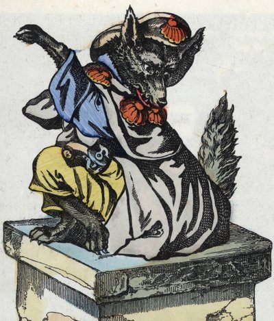 De wolf zit op de schoorsteen. Illustratie van het sprookje 