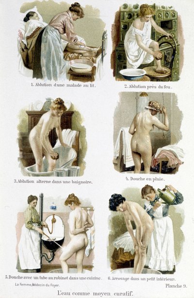 De vrouw, thuisdokter: water als genezend middel. 1. Wassing van een zieke in bed, 2. Wassing door vuur, 3. Afwisselende wassing in een badkuip, 4. Regendouche, 5. Douche met een kraanbuis van een keuken, 6. Besproeiing in een kleine binnenruimte - in "De  door Unknown artist