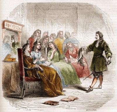 De schrijver Georges de Scudéry (1598-1667) tijdens een literaire salon georganiseerd door zijn zus, Madeleine de Scudéry, in 1650. Gravure uit 1860-1861. door Unknown artist